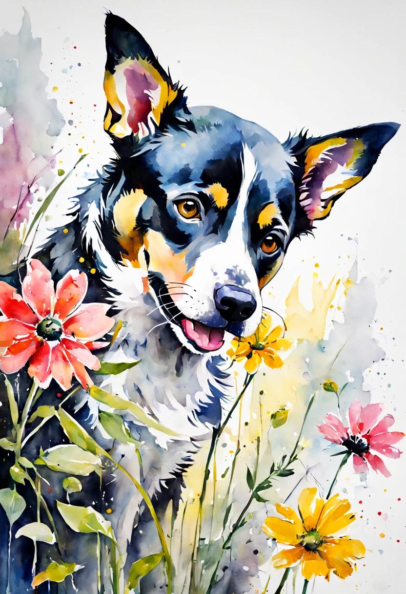 A painting of a dog smelling a flower, a watercolor painting, by Micha Klein, shutterstock contest winner, beautiful oil painting on canvas, amazing composition, oil painting in a modern style, artur bordalo, a beautiful artwork illustration, cute detailed artwork, tenderness, maxim sukharev, embracing, lowres, edge, gouache on canvas, perfect Wide long shot visual