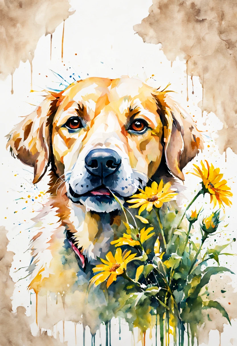 A painting of a dog smelling a flower, a watercolor painting, by Micha Klein, shutterstock contest winner, beautiful oil painting on canvas, amazing composition, oil painting in a modern style, artur bordalo, a beautiful artwork illustration, cute detailed artwork, tenderness, maxim sukharev, embracing, lowres, edge, gouache on canvas, perfect Wide long shot visual