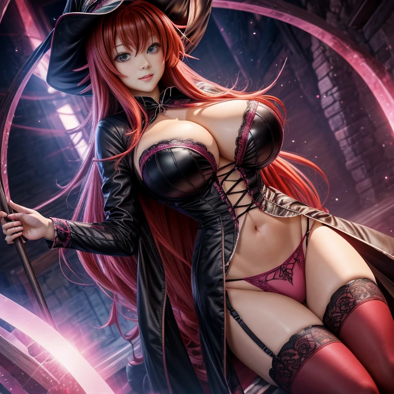 Art Station, Volumetric lighting, Highly detailed face, 4K, 1girl rias gremory as witch 、(official clothing: 1.4), Long hair、Beautiful breasts、Looking at the camera、big eye、Laughing、Raise cheeks、witch、light pink clothes、(huge breasts:1.5)、Clothes with open chest、stockings