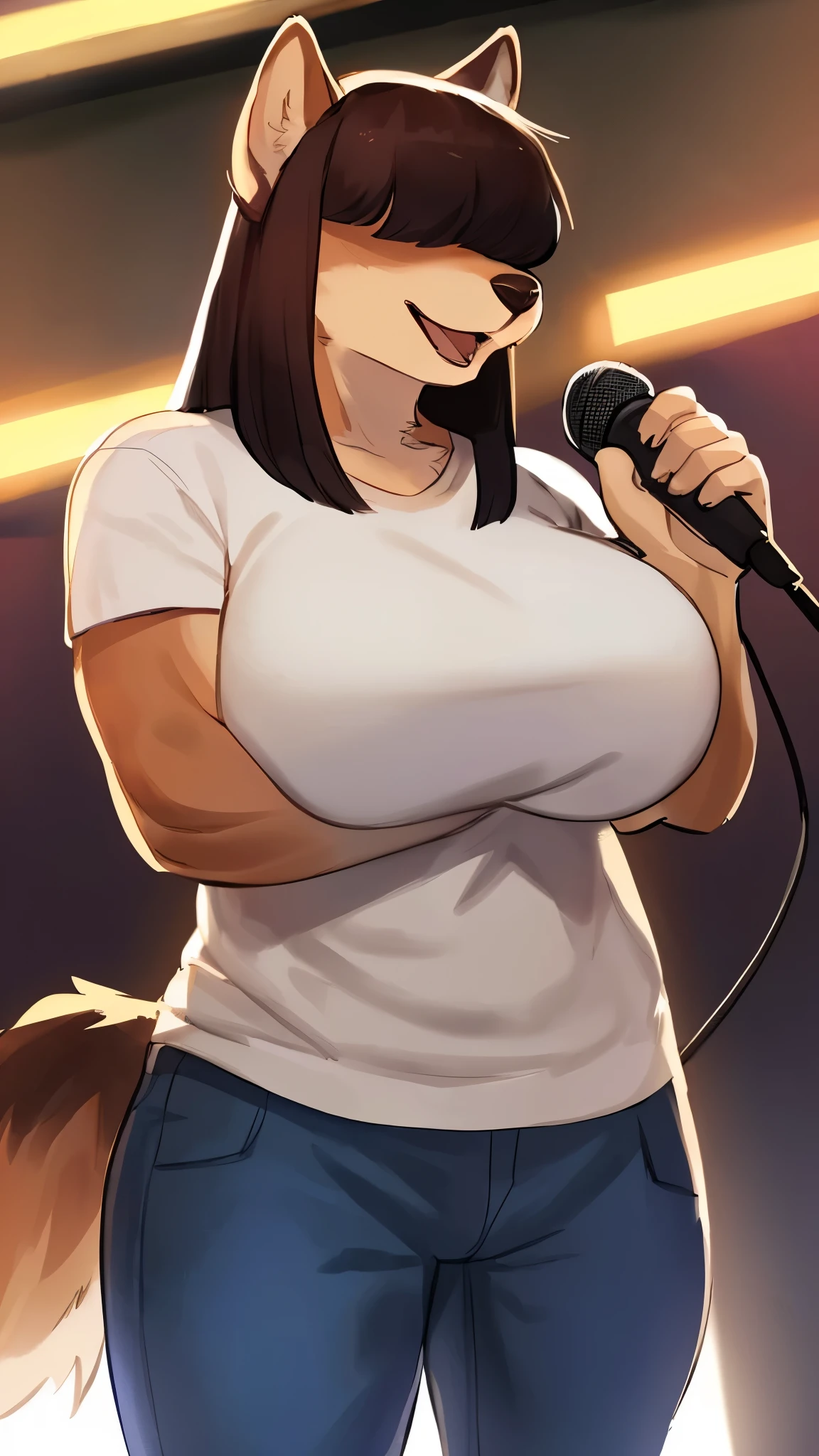 By bebebebebe, by lostgoose, by goonie-san, female, ((canine, snout, hair covering eyes, straight hair, medium hair, flat hair, ears, thin snout)), brown fur, big poofy tail, raised tail, dark maroon hair, ((muscular, big breasts)), solo, band tee shirt, jeans, singing into a microphone, microphone, stage, smiling, happy, open mouth, (holding microphone with both hands)