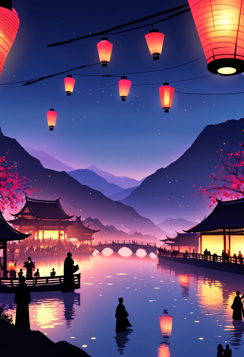 Traditional New Year's lantern festival in an East Asian hometown, river with floating lanterns, silhouette of mountains in the background, full moon, families gathering, (traditional attire:1.2) (soft ambient light) (colorful lantern glow) (serene atmosphere) (4k resolution)