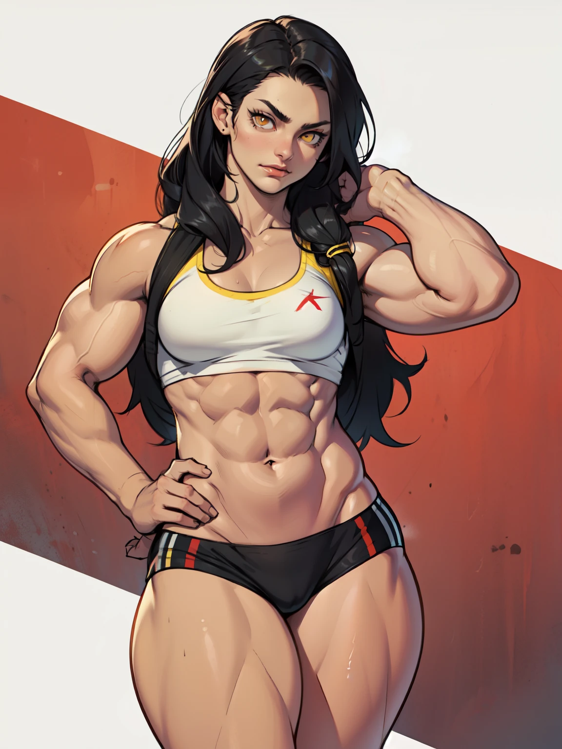 1girl (((muscular girl toned body small breasts thick))) yellow eyes black hair pale best quality