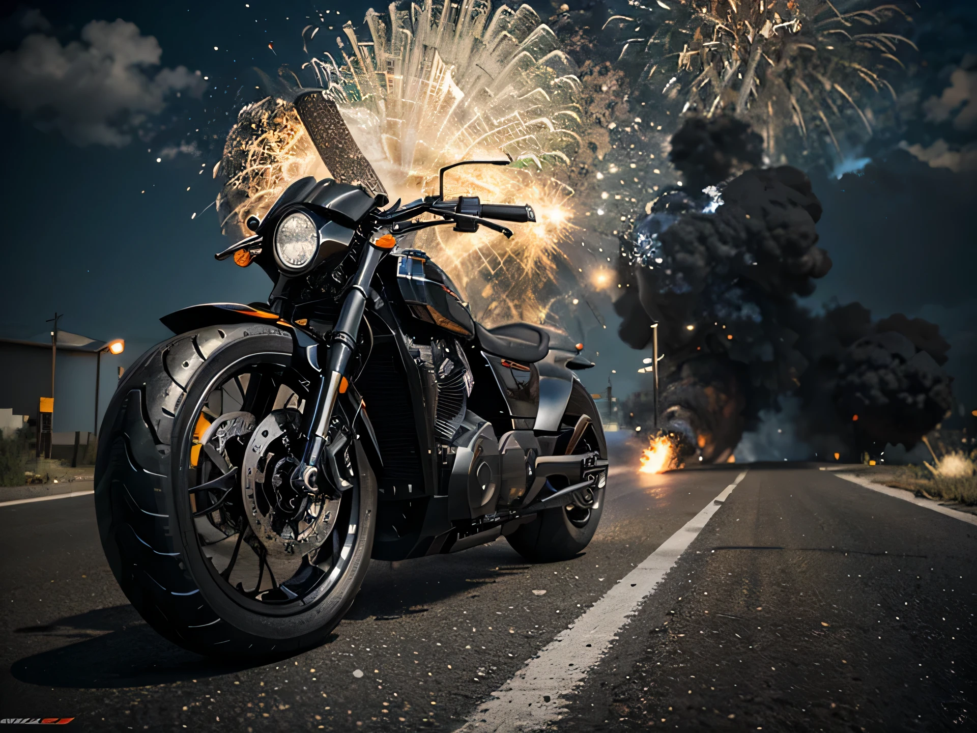 explosions behind. black robocop ride motorcycle with large and wide tires, conceptual large and wide, muscular, wide wheels, large and wide front, closed on the side, ornamented, tesla style, diagonal front view, black and chrome metallic color. explosions background.