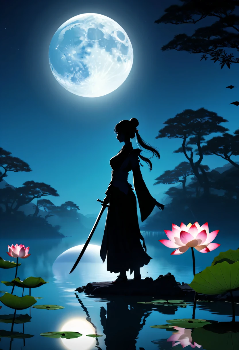 (Heroine silhouette:1.5),holding sword,Powerful power,on the lake,high contrast, movie lighting, Enigmatic Atmosphere,,lotus flower,Lotus leaf,a moon
