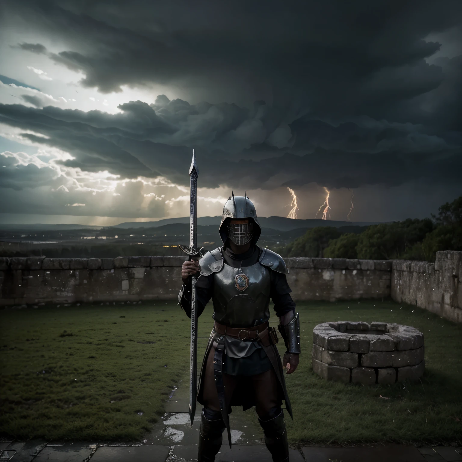 best quality,4k,8k,highres,masterpiece:1.2),ultra-detailed,(realistic,photorealistic,photo-realistic:1.37),dark stormy atmosphere,menacing castle,dangerous evil knight,warrior in armor,stormy sky,thunder and lightning,cold wind blowing,ominous clouds,dark shadows,ancient stone walls,noble knight,shiny armor,sword and shield,ferocious expression,intense eyes,menacing aura,foreboding presence,medieval setting,majestic architecture,leaves rustling,flashing sword,heroic pose,wet ground,grim determination,ruins of a village,battle scars,menacing storm,heroic battle.