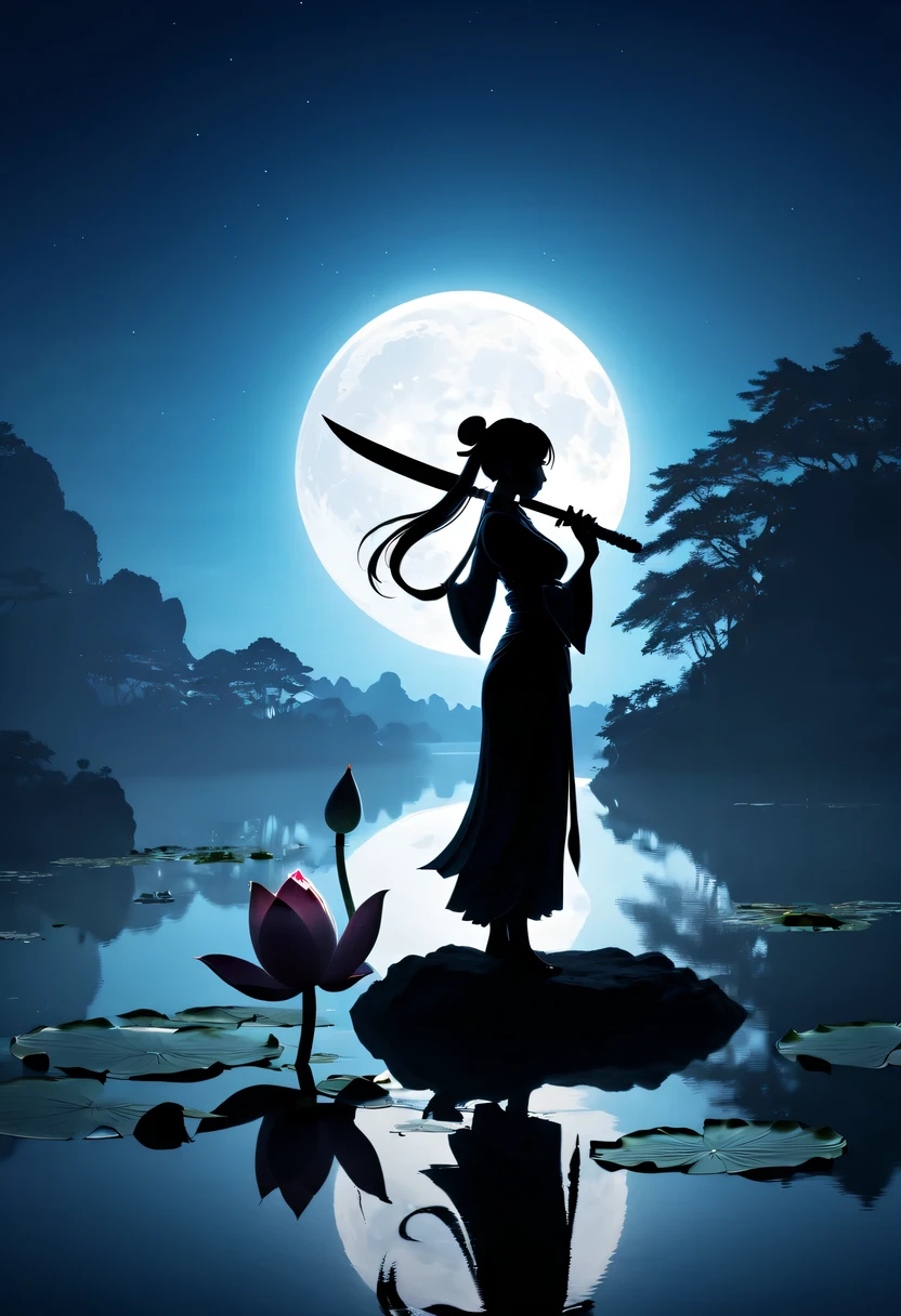 (Heroine silhouette:1.5),holding sword,Powerful power,on the lake,high contrast, movie lighting, Enigmatic Atmosphere,,lotus flower,Lotus leaf,a moon