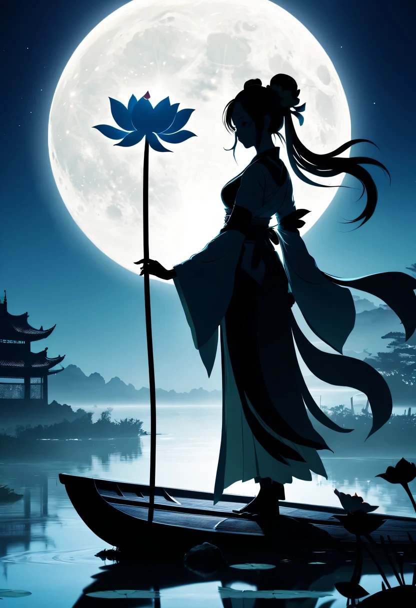 (Heroine silhouette:1.5),holding sword,Powerful power,on the lake,high contrast, movie lighting, Enigmatic Atmosphere,,lotus flower,Lotus leaf,a moon