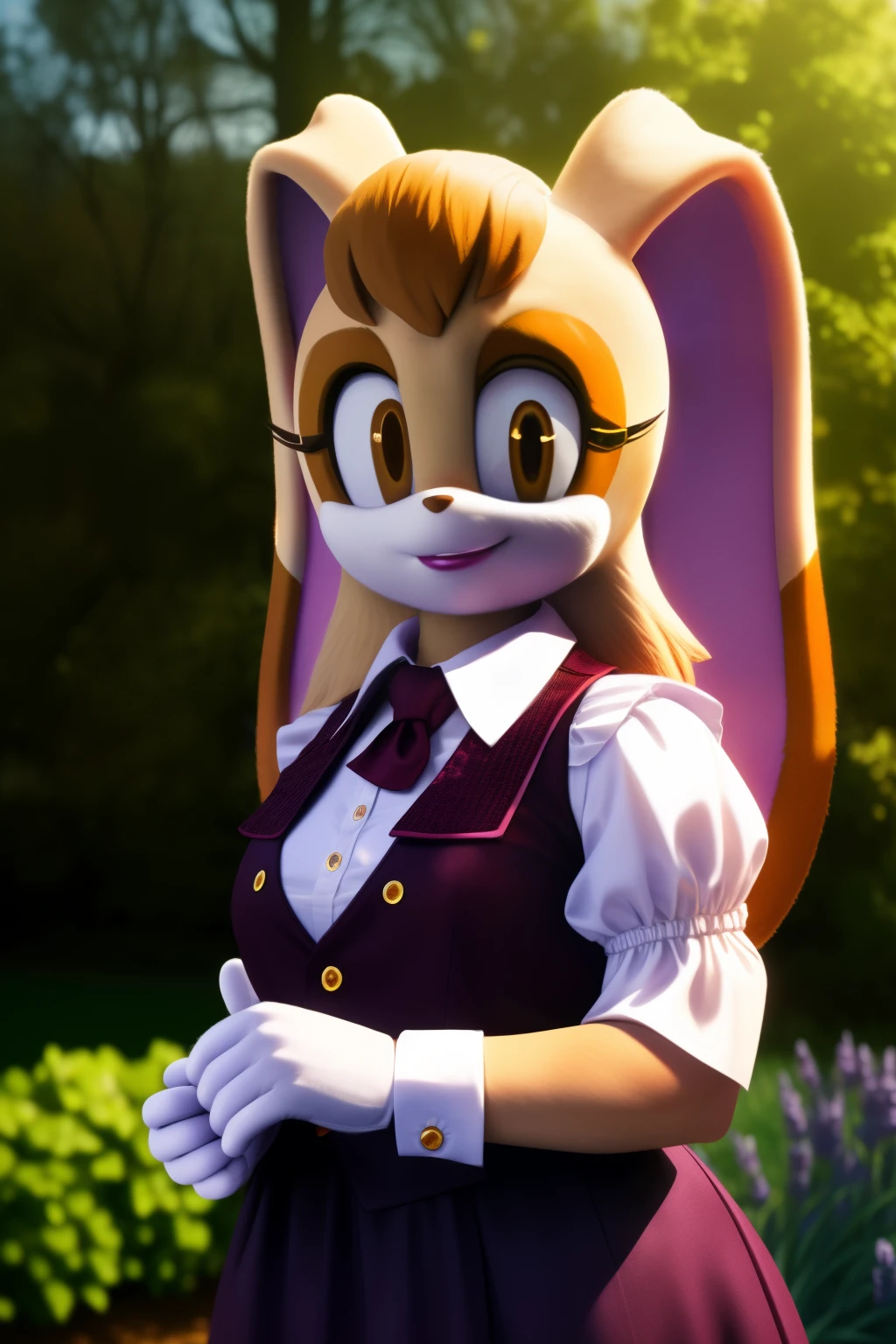 1girls,((Vanilla the rabbit:1.1)),wears a long lavender dress with a white trim at the bottom of the puffy sleeves and the skirt, ((burgundy-fitted vest:1.2)), short sleeves,a blue ascot, white gloves with gold cufflinks, brown_hair,dipstick_ear, female,cleavage, female_solo, outdoors, garden,smile,realistic,hyper realistic,day, lipstick, looking at viewer