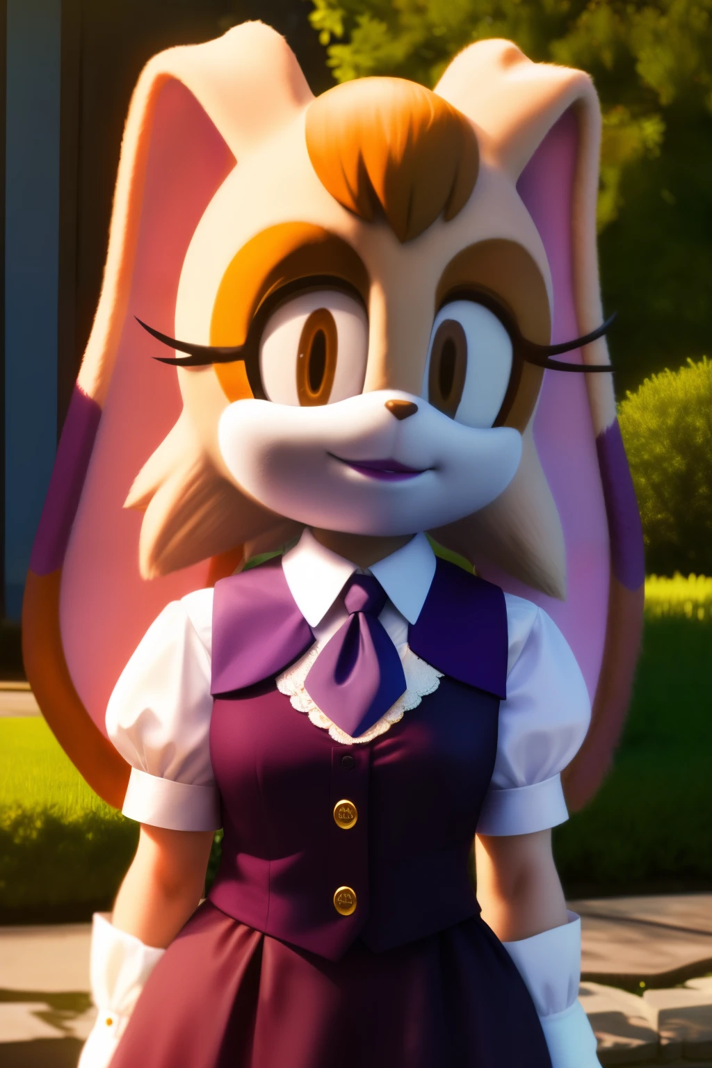 1girls,((Vanilla the rabbit:1.1)),wears a long lavender dress with a white trim at the bottom of the puffy sleeves and the skirt, ((burgundy-fitted vest:1.2)), short sleeves,a blue ascot, white gloves with gold cufflinks, brown_hair,dipstick_ear, female,cleavage, female_solo, outdoors, garden,smile,realistic,hyper realistic,day, lipstick, looking at viewer