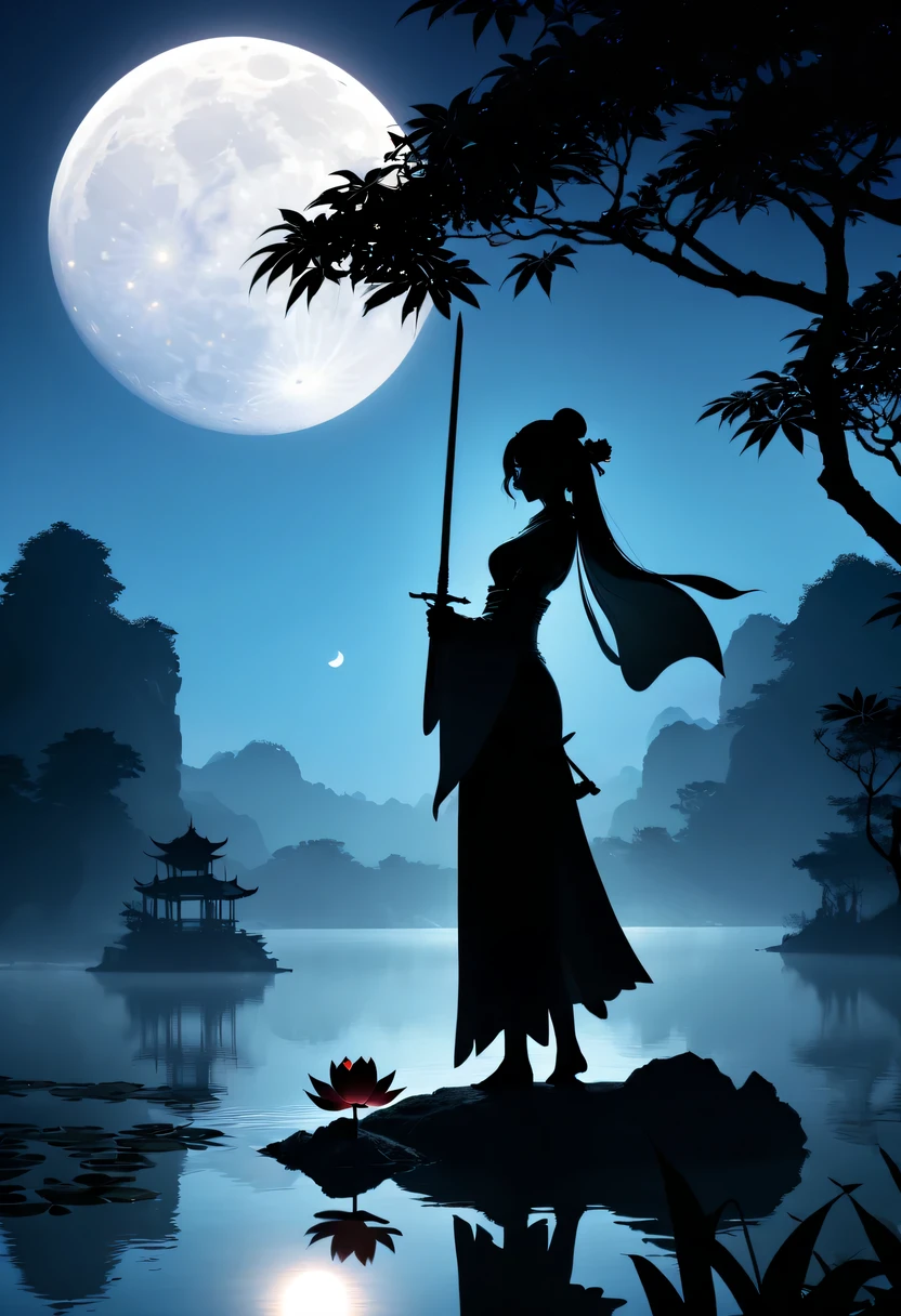 (Heroine silhouette:1.5),holding sword,Powerful power,on the lake,high contrast, movie lighting, Enigmatic Atmosphere,,lotus flower,Lotus leaf,a moon