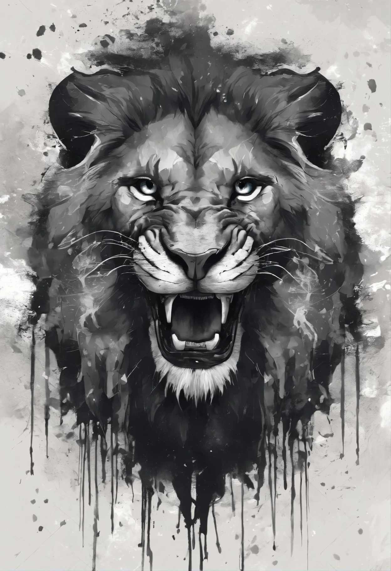Black and gray realistic Lion tattoo art (((brue eyes))) With ink splatter sketch effect ,He opened his mouth and said,、Looks very fiercely angry