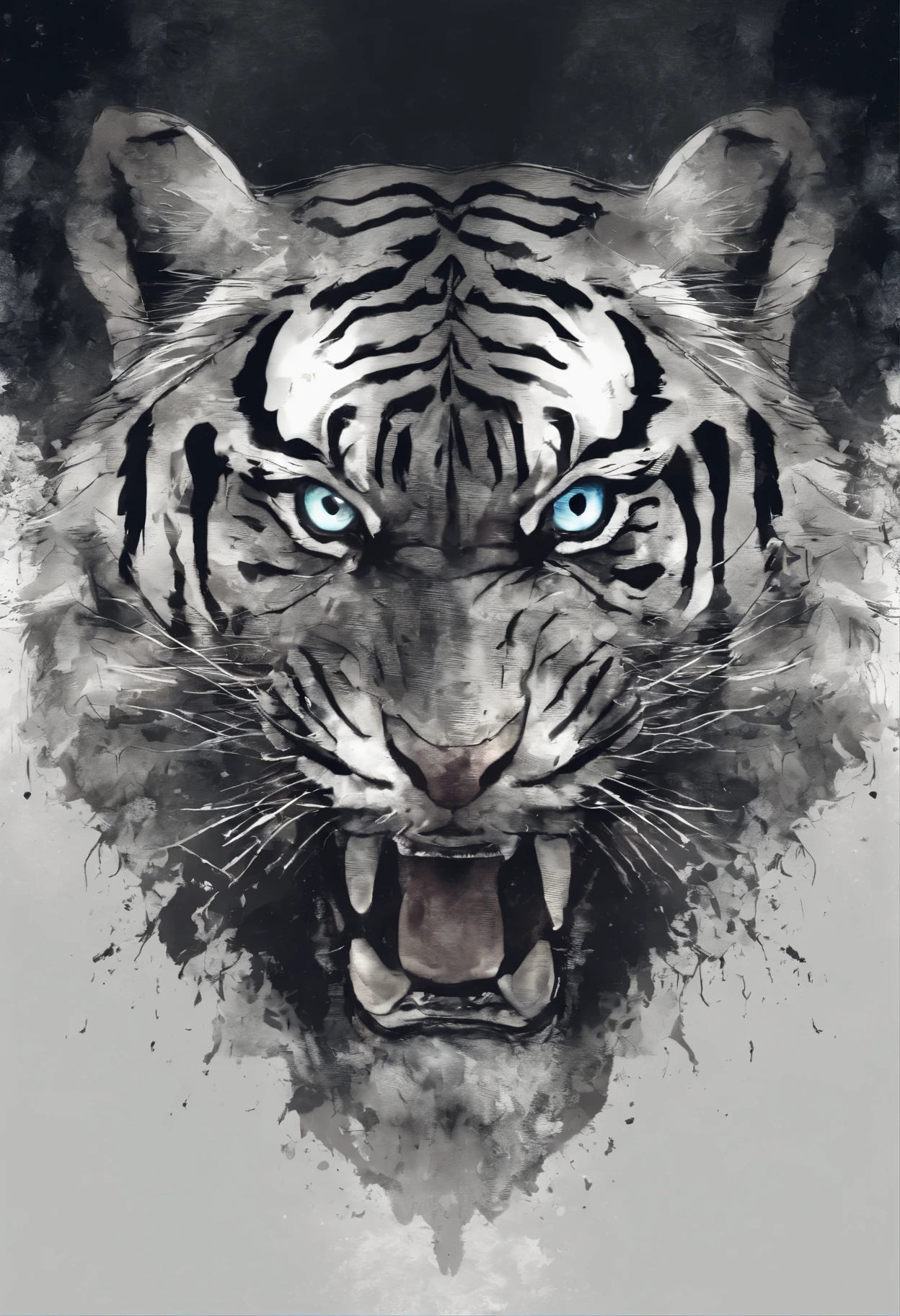 Black and gray realistic tiger tattoo art (((brue eyes))) With ink splatter sketch effect ,He opened his mouth and said,、Looks very fiercely angry