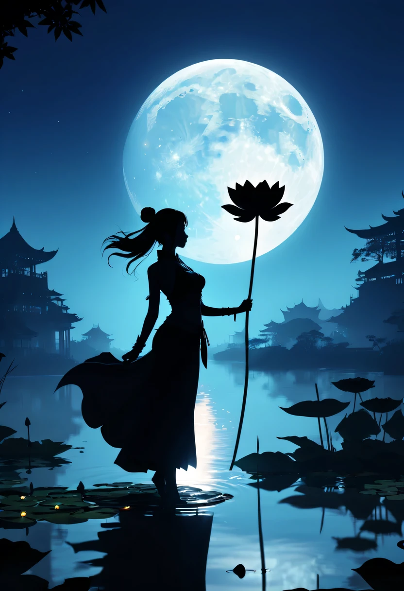 (Heroine silhouette:1.5),Powerful power,on the lake,high contrast, movie lighting, Enigmatic Atmosphere,,lotus flower,Lotus leaf,a moon