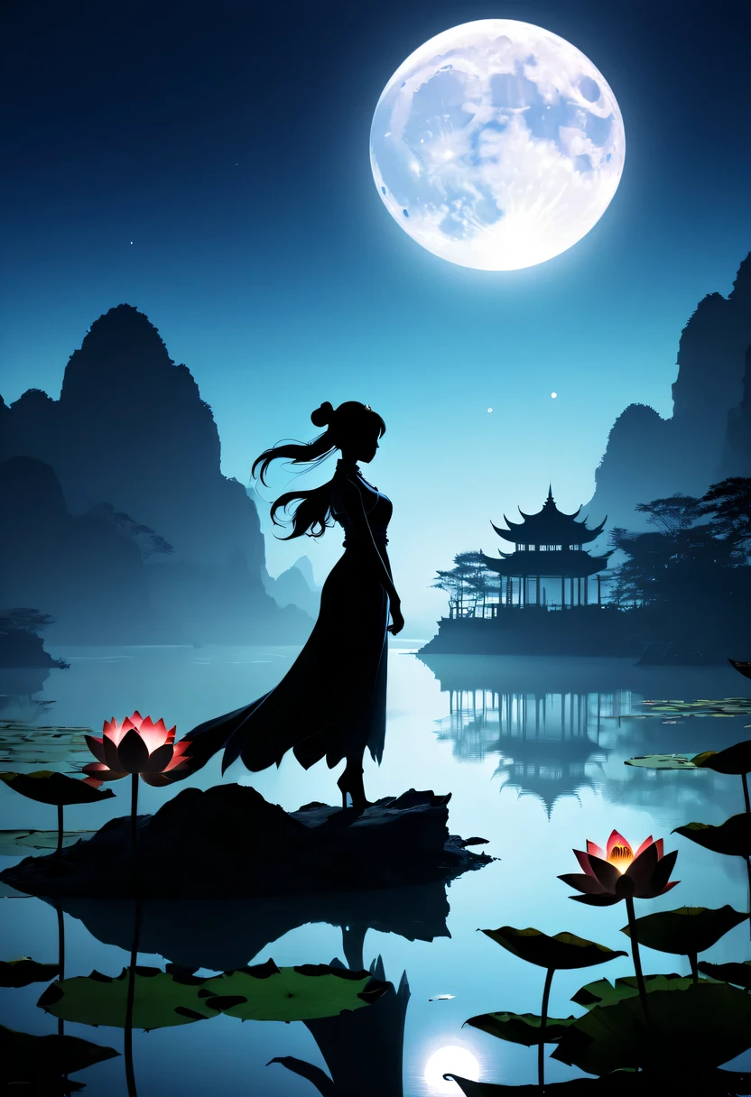 (Heroine silhouette:1.5),Powerful power,on the lake,high contrast, movie lighting, Enigmatic Atmosphere,,lotus flower,Lotus leaf,a moon