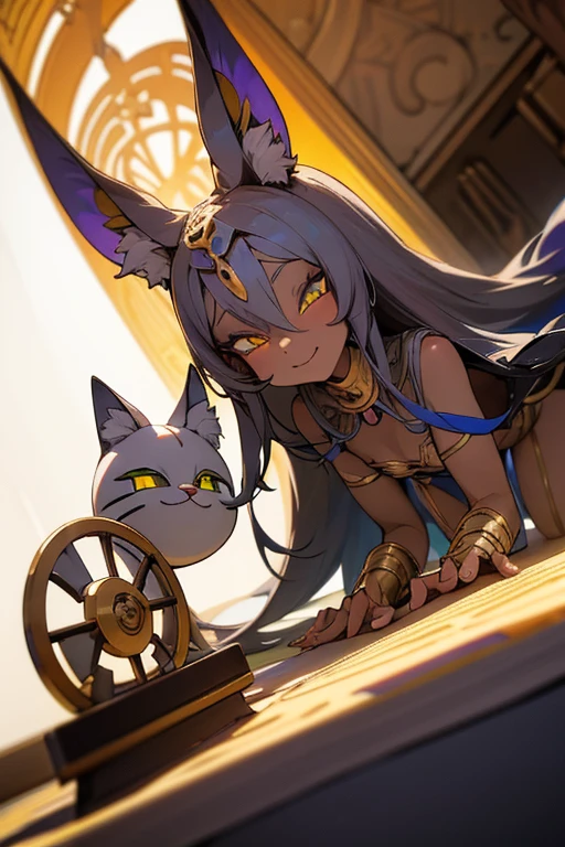 A magical Bastet cat girl beauty with jet black skin and fluffy long silver hair waving a staff in Bastet clothing with an altar inside the pyramid in the background Doujin CD style ((Match the color of both eyes)) ((Align the shape of both eyes)) Anime style 3D style Draw in detail