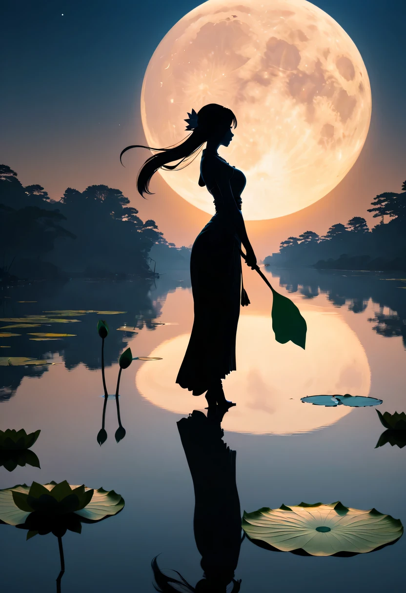(Heroine silhouette:1.5),Powerful power,on the lake,high contrast, movie lighting, Enigmatic Atmosphere,,lotus flower,Lotus leaf,a moon