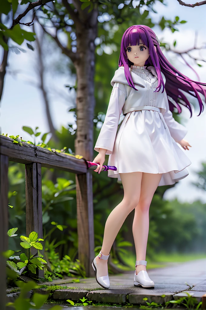 1 girl、(body floating)、full body description、slim、accurate line of sight、blue eyes、smile、purple hair、long hair、white dress、Wooden caneを持つ、Wooden cane、hobby shop、tracking、bridge、forest park、Brigade Road、Roman Temple、