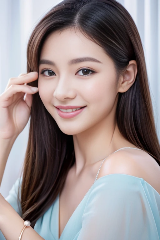 Beautiful woman with good eyes and nose、beautiful as a model、cute like a model、eyes are double、How to use regular mascara、eye color blue、hair color pink、her face is delicate and elegant.、8k images、Beautiful style like a model、normal large、A refreshing and lovely smile、pose like a model、whole portrait、snapshot style、Glamaloid Smile、Beautiful and delicate face like a model、best quality、Masseter muscle part、cute smile、 elegant beauty、The season is winter、natural makeup、thin eye shadow、A little more bust up、Greetings for the New Year while wearing New Year's clothes、