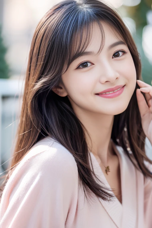 Beautiful woman with good eyes and nose、beautiful as a model、cute like a model、eyes are double、How to use regular mascara、eye color blue、hair color pink、her face is delicate and elegant.、8k images、Beautiful style like a model、normal large、A refreshing and lovely smile、pose like a model、whole portrait、snapshot style、Glamaloid Smile、Beautiful and delicate face like a model、best quality、Masseter muscle part、cute smile、 elegant beauty、The season is winter、natural makeup、thin eye shadow、A little more bust up、Greetings for the New Year while wearing New Year's clothes、