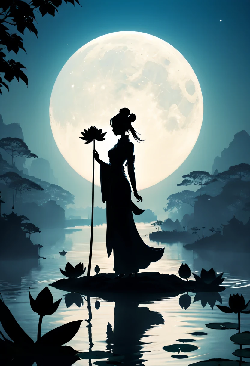 (Heroine silhouette:1.5),Powerful power,on  the lake，high contrast, movie lighting, Enigmatic Atmosphere,，lotus flower，Lotus leaf，a moon