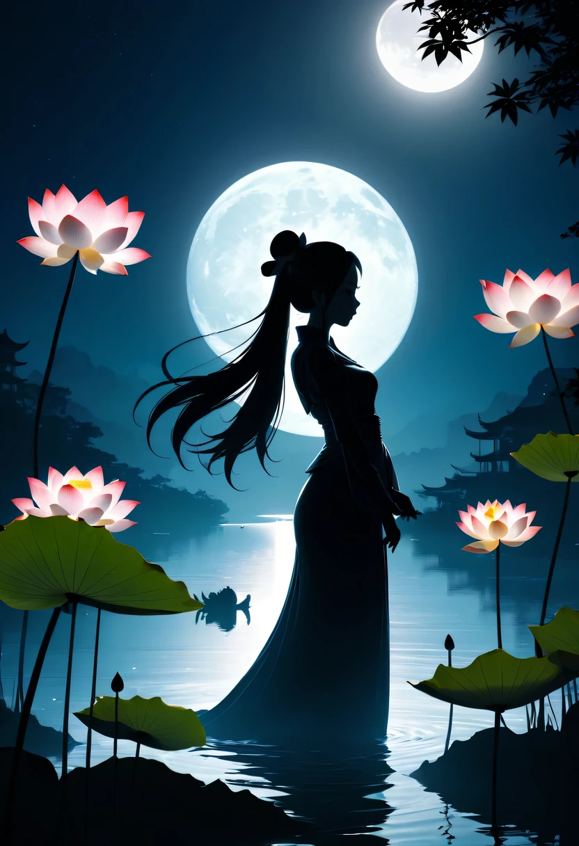 (Heroine silhouette:1.5),Powerful power,on the lake,high contrast, movie lighting, Enigmatic Atmosphere,,lotus flower,Lotus leaf,a moon