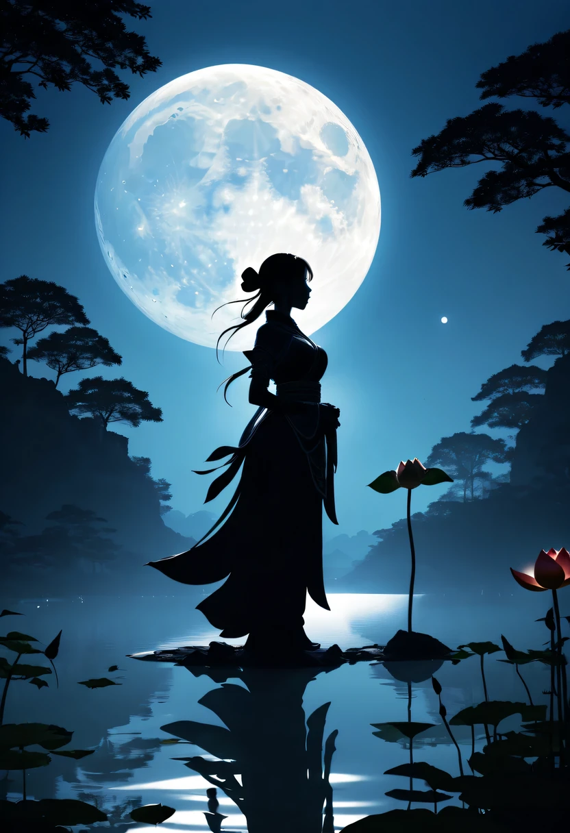 (Heroine silhouette:1.5),Powerful power,on the lake,high contrast, movie lighting, Enigmatic Atmosphere,,lotus flower,Lotus leaf,a moon