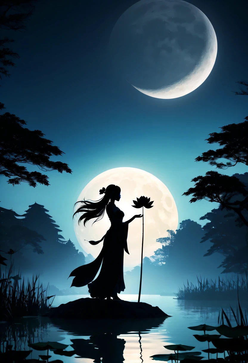 (Heroine silhouette:1.5),Powerful power,on  the lake，high contrast, movie lighting, Enigmatic Atmosphere,，lotus flower，Lotus leaf，a moon