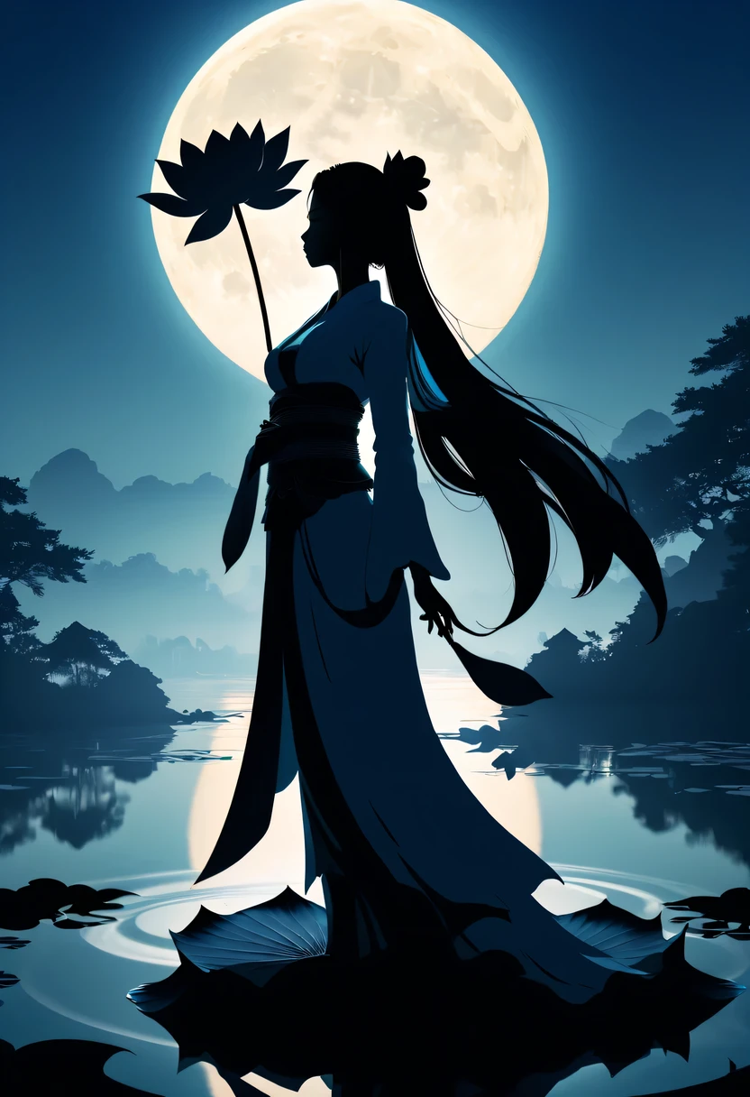 (Heroine silhouette:1.5),Powerful power,on the lake,high contrast, movie lighting, Enigmatic Atmosphere,,lotus flower,Lotus leaf,a moon