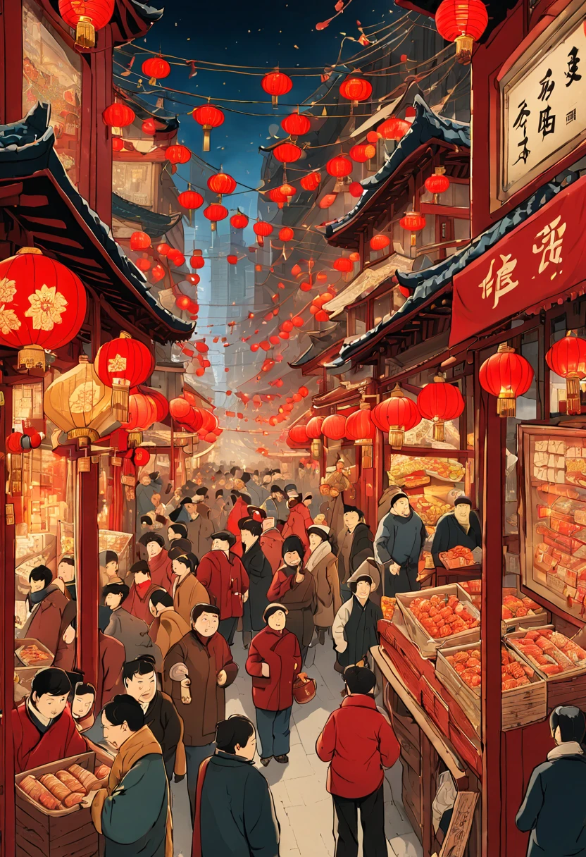 An intricate vertical New Year's scroll painting in traditional Chinese style depicting a busy street market scene in Shanghai during Chinese New Year celebrations. People bargaining and buying decorations and food, red lanterns hanging overhead, firecrackers lighting up the night sky.