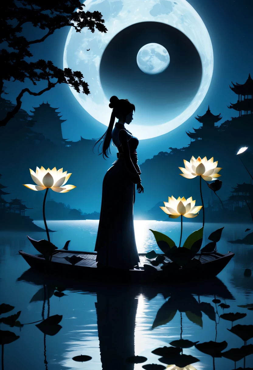 (Heroine silhouette:1.5),Powerful power,on the lake,high contrast, movie lighting, Enigmatic Atmosphere,,lotus flower,Lotus leaf,a moon