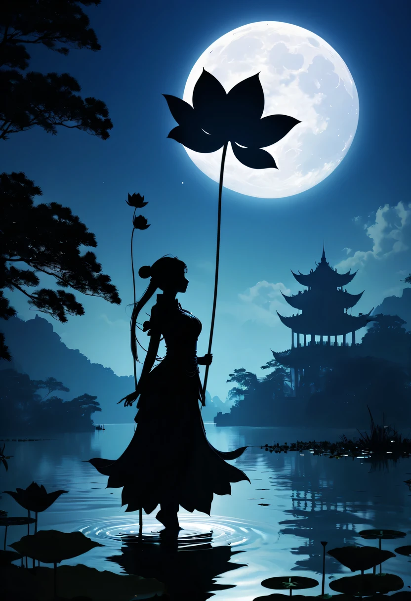 (Heroine silhouette:1.5),Powerful power,on  the lake，high contrast, movie lighting, Enigmatic Atmosphere,，lotus flower，Lotus leaf，a moon