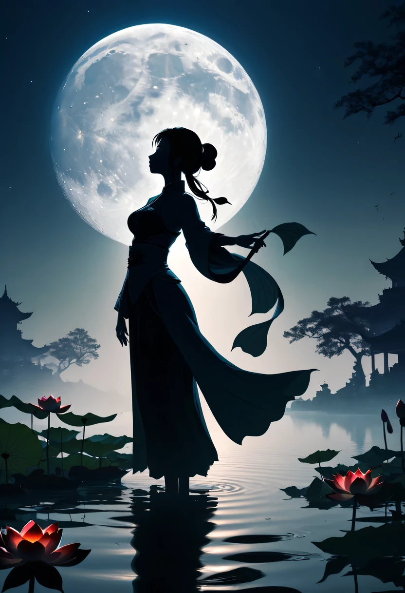 (Heroine silhouette:1.5),Powerful power,on  the lake，high contrast, movie lighting, Enigmatic Atmosphere,，lotus flower，Lotus leaf，a moon