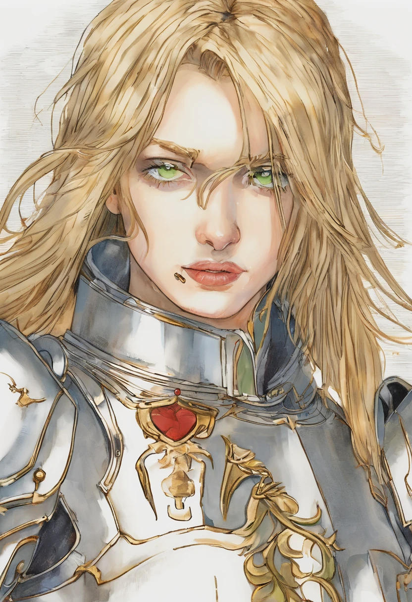 Weiblicher Kreuzritter , Mit Schild und Schwert, Girl, Silber und Gold Verzierungen ,Plate armor , Ketten Hemd, Red cross on white background coat of arms, Schmutzig Blondes Haar, Green blue eyes irises, Mutig, Ovales Gesicht, Ziemlich Sexy , Legende , Intensive Lippen, Heroische Aura, tapfer, Furchtlos , picture Pretty, Sexuell Anregend,