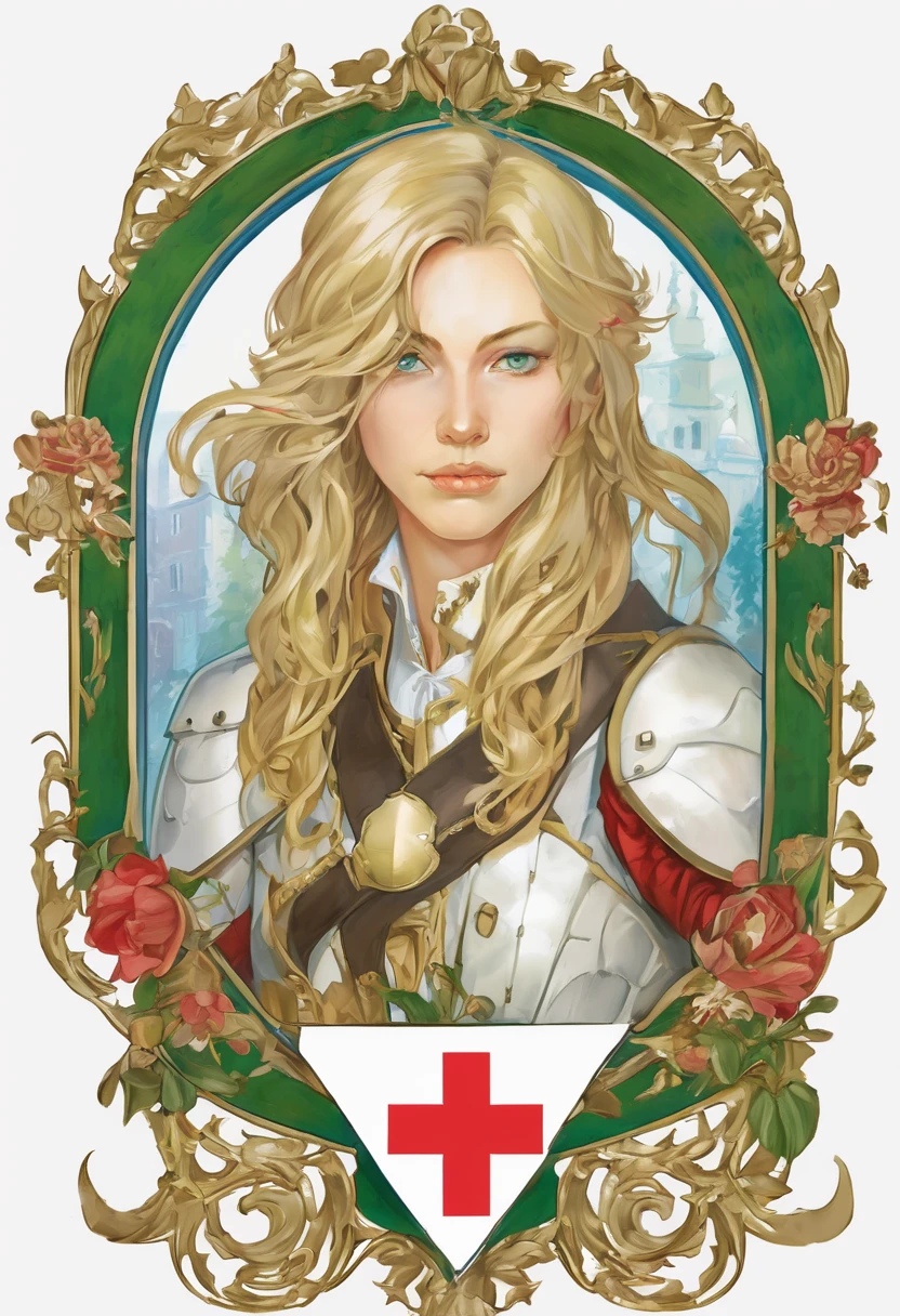 Weiblicher Kreuzritter , Mit Schild und Schwert, Girl, Silber und Gold Verzierungen ,Plate armor , Ketten Hemd, Red cross on white background coat of arms, Schmutzig Blondes Haar, Green blue eyes irises, Mutig, Ovales Gesicht, Ziemlich Sexy , Legende , Intensive Lippen, Heroische Aura, tapfer, Furchtlos , picture Pretty, Sexuell Anregend,