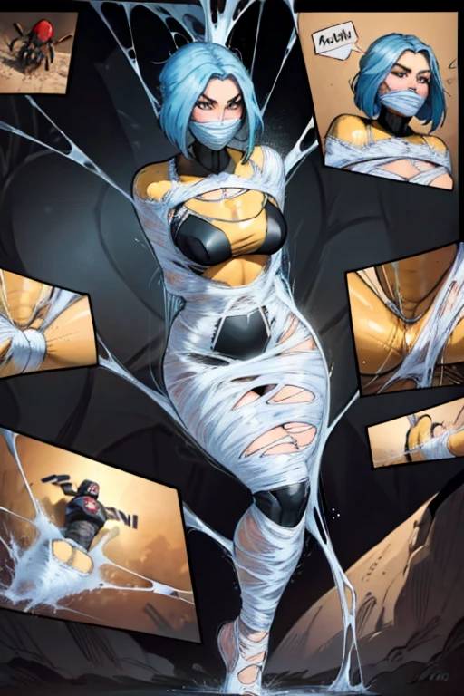 erotic, dramatic pose, ((1 woman: 1.7 )), blue colored hair, (bob cut), ( center part), ((thick hair)), in her 20's, sexy, spider web, tied up, cocoon, bound, ((gagged: 1.4)), (slime) gag, silk, ((arms bound behind back: 1.4)), frightened expression, hyperdetailed face constrained movement, restricted mobility, desperate struggle, bondage, helpless, slowly being cocooned, being progressively mummified, terrified eyes, cobwebs, detailed spiderweb texture, tangled web, gooey silk strands, (1 spider) , spider is crawling all over her body, wrapping it in silk, spider is cocooning her: 1.2), slimy, detailed fangs, sharp fangs, detailed spider legs, detailed spiderweb texture, High resolution, very clear, ultra realistic, (((16k, cg, masterpiece))), ultra detailed background, del, from side, atmospheric perspective, from above, super detail, best quality, digital painting, energetic struggle, ,comic book aesthetic creative composition, action line, inking effect, thought bubble, comic sound effects, emotion impact, comic storytelling, interesting perspective, frantic desperate atmosphere,