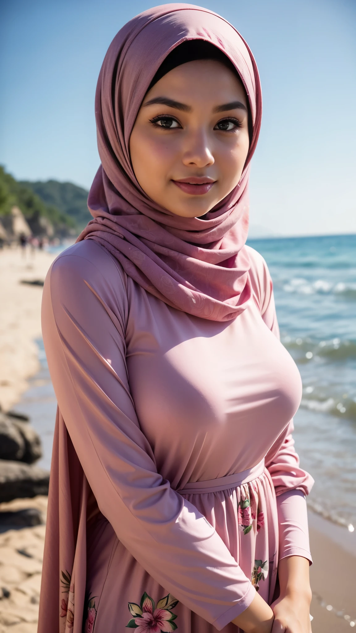 Beautiful fair skin matured malaysia girl in hijab, public beach, seductive innocent face, 25 years old, sitting or resting pose in beach sand, ultra detail face, detail skin texture and wrinkle, golden sunset background, wearing hijab, pink color hijab, full nude body, naked body, small breast, flat chest, wide waist, thick thighs, bright lighting, white lighting, dramatic lighting, high quality, cinematic movie shot angle and framing, wedding ring, wear bracelet and watch, nsfw, show pubic hair, show vagina, seductive face, seductive lips, wet lips, wet body, dense pubic hair, wet vagina, vagina water dipping, seductive eyes, seductive position, hard nipple, front view shot, showing her vagina, thick pubic, sexy body, kissing with young couple, exhibionist, public is seducing, public look at the girl, groped by young men from behind