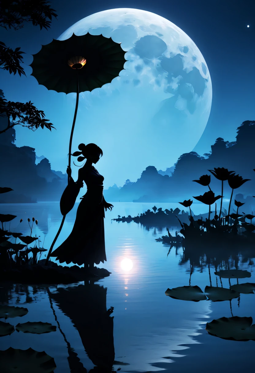 (Heroine silhouette:1.5),Powerful power,on  the lake，high contrast, movie lighting, Enigmatic Atmosphere,，lotus flower，Lotus leaf，a moon