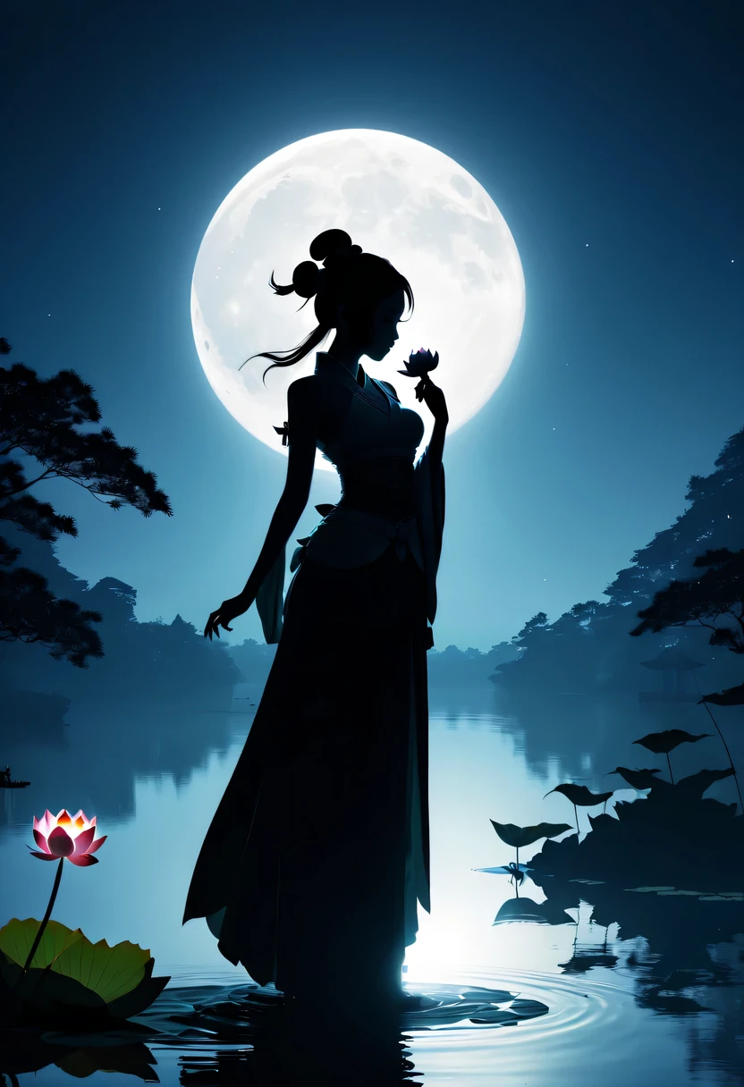 (Heroine silhouette:1.5),Powerful power,on  the lake，high contrast, movie lighting, Enigmatic Atmosphere,，lotus flower，Lotus leaf，a moon