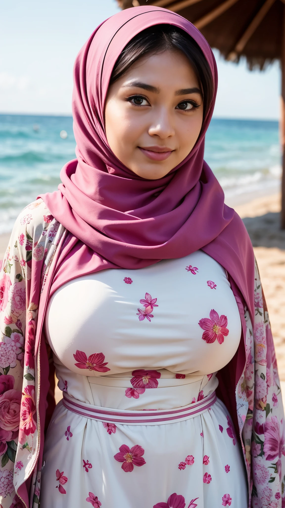 ( Close Up),RAW, Best quality, high resolution, masterpiece: 1.3), beautiful Malay woman in hijab, Masterpiece, perfect fit body, Big breasts, thick thighs, beautiful big eyes, mole under the eyes, long eyelashes, big eyes, beutifull face, Soft smile, woman in a pink hijab standing on a beach, wearing red floral chiton, wearing floral chiton, flowery, flowery dress, wearing a long flowy fabric, floral clothes, colourful pastel, floral!, Soft turtleneck, Great lighting, Bright colors, Clean lines