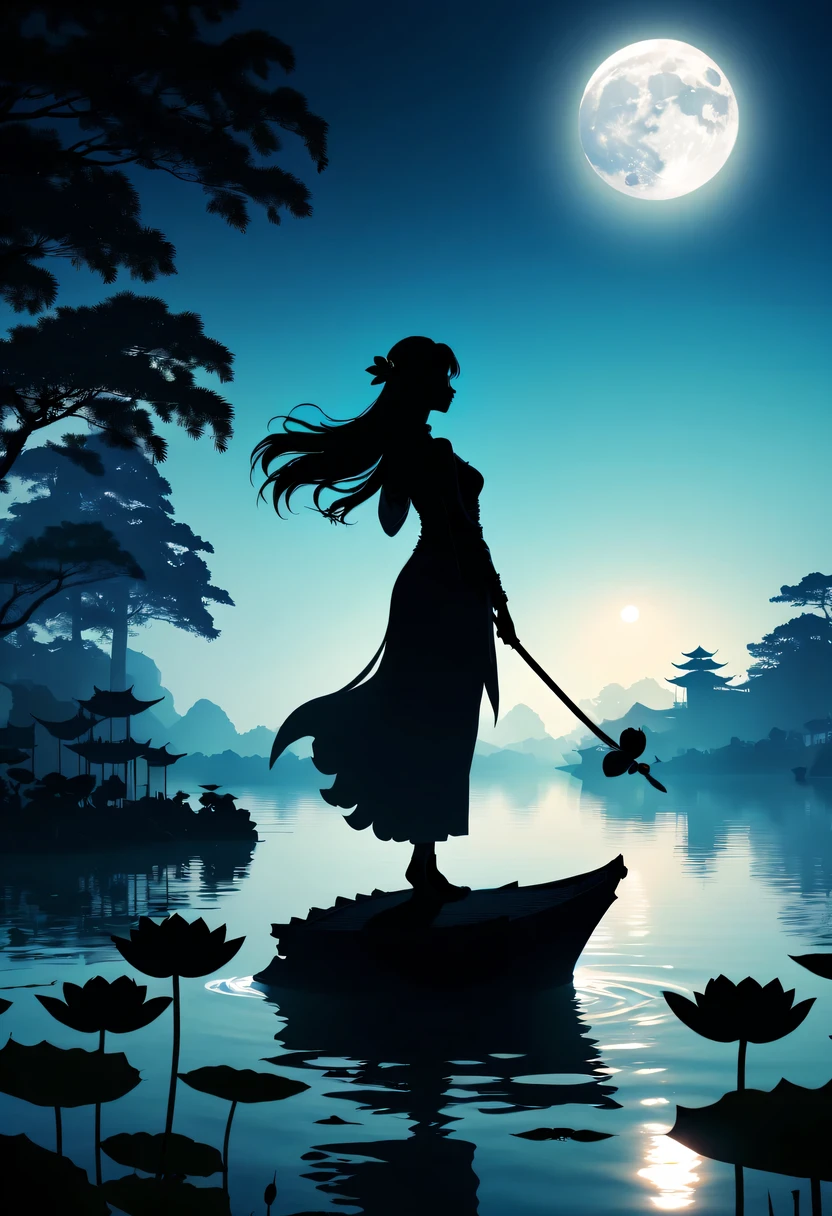 (Heroine silhouette:1.5),Powerful power,on the lake,high contrast, movie lighting, Enigmatic Atmosphere,,lotus flower,Lotus leaf,a moon