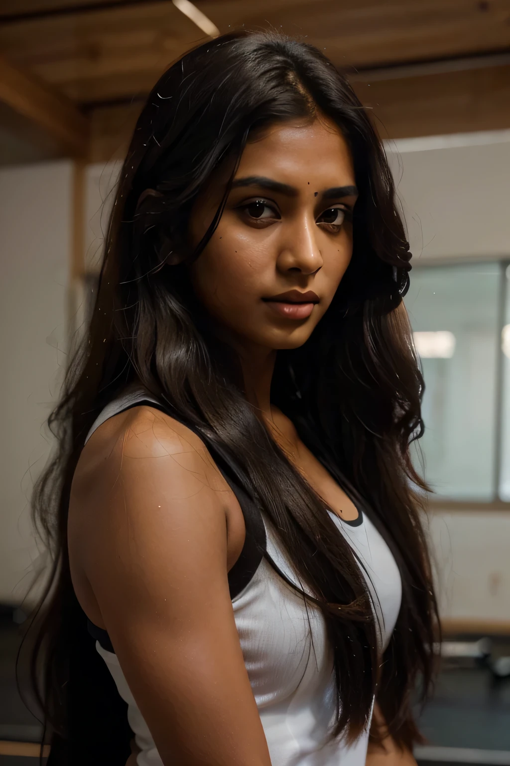 a close up of a woman with long hair wearing sports dress in gym, indian girl with brown skin, indian, photo of a beautiful woman, hindu aesthetic, with dark complexion, provocative indian, indian super model, infp young woman, portrait of a beautiful model, long flowing dark hair, beautiful portrait, detailed long black hair, beautiful portrait of a woman, indian style