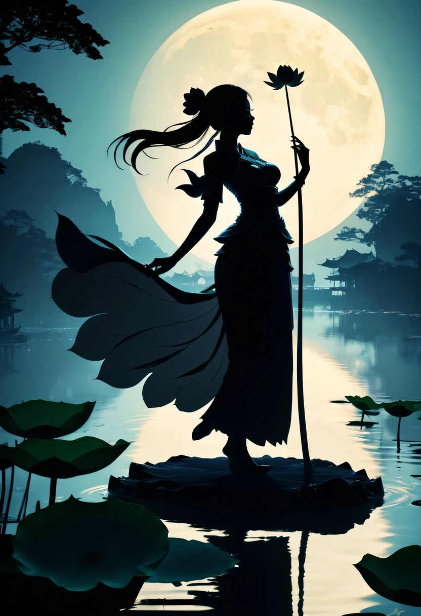 (Heroine silhouette:1.5),Powerful power,on  the lake，high contrast, movie lighting, Enigmatic Atmosphere,，lotus flower，Lotus leaf，a moon