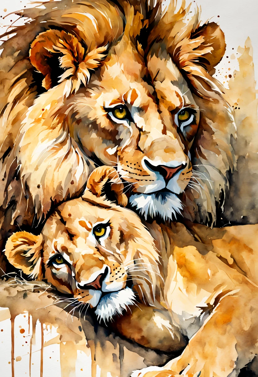 A painting of a recumbent lion with two cubs, a watercolor painting, by Micha Klein, shutterstock contest winner, beautiful oil painting on canvas, amazing composition, oil painting in a modern style, artur bordalo, a beautiful artwork illustration, cute detailed artwork, tenderness, maxim sukharev, embracing, lowres, edge, gouache on canvas, perfect Wide long shot visual