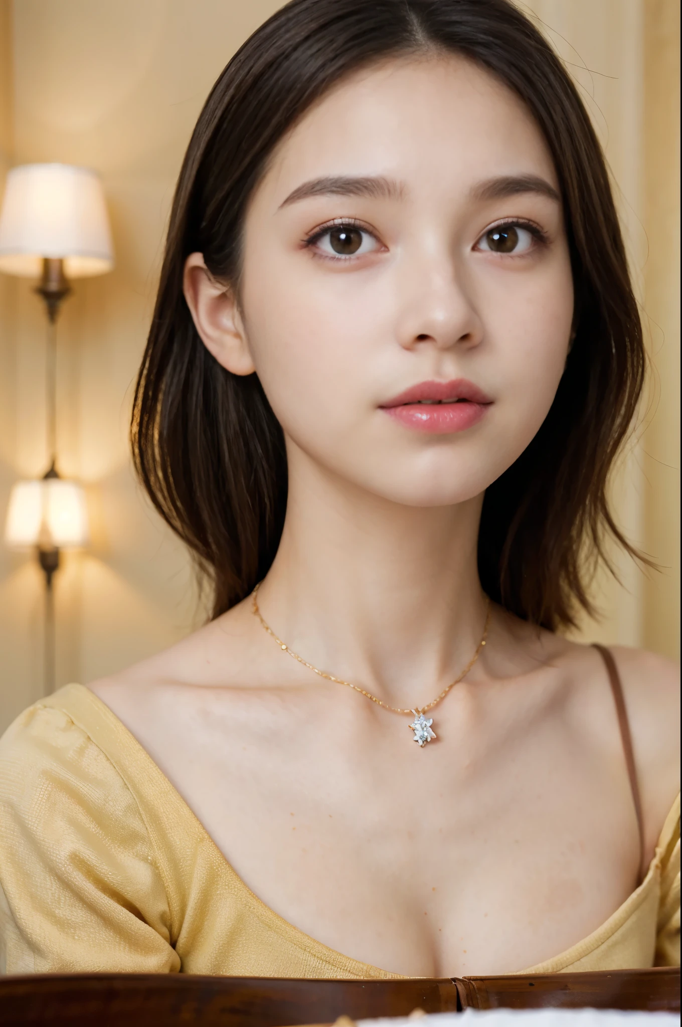 (8K、Live shooting、photorealistic:1.25)、1 girl、14 year old woman with a beautiful face、profile、eat stew at the table、spoon、diamond necklace、one piece dress、fine eyes、lip gloss、long eyelashes beautiful look、shiny bare skin、highest quality、Super high resolution、