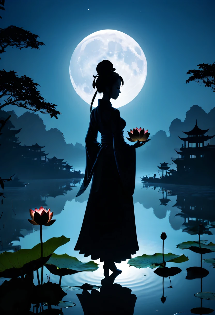 (Heroine silhouette:1.5),Powerful power,on the lake,high contrast, movie lighting, Enigmatic Atmosphere,,lotus flower,Lotus leaf,a moon