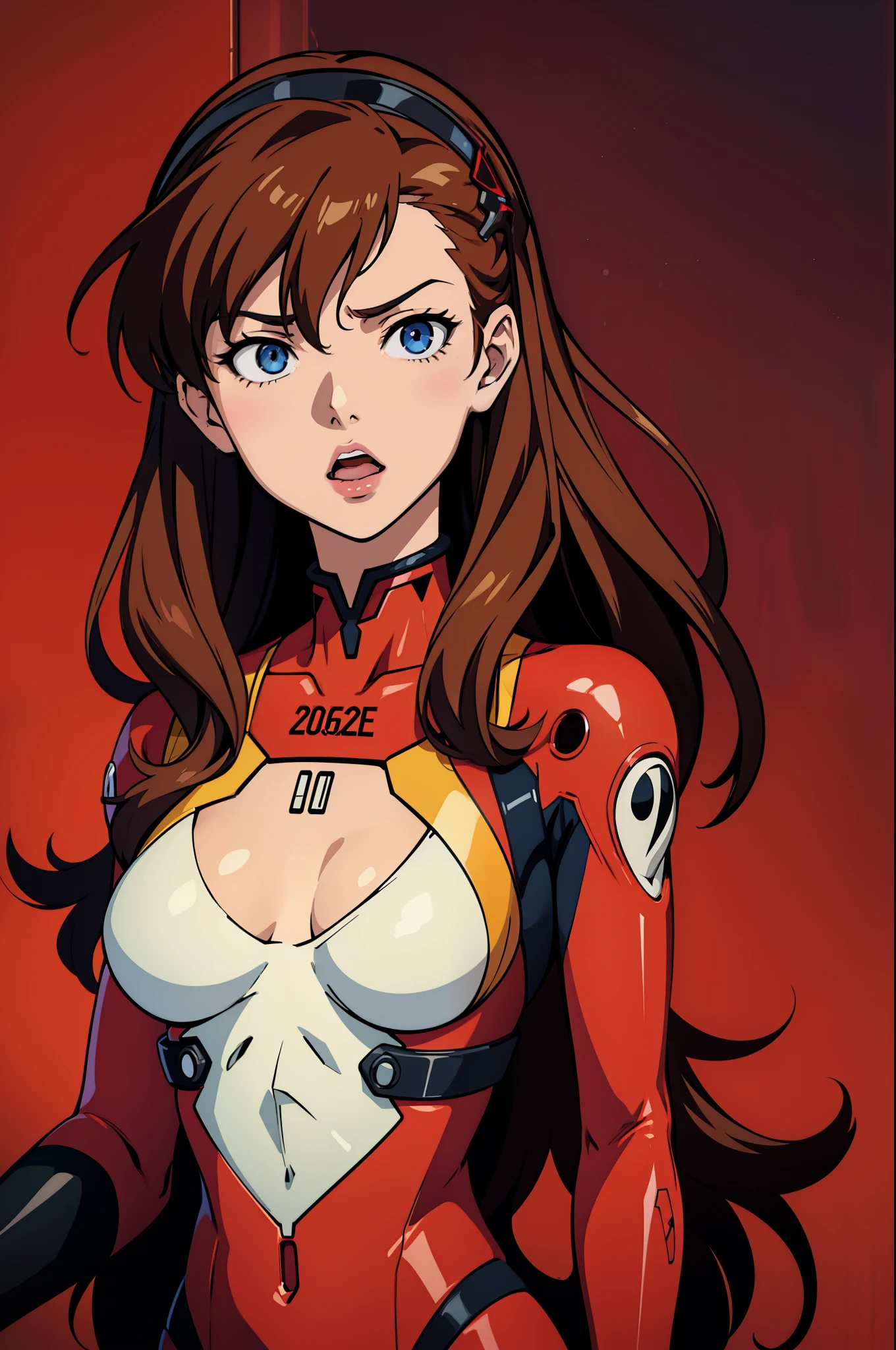 hands_on_own_chest,souryuu_asuka_langley,bodysuit,brown_hair,torn_bodysuit,rebuild_of_evangelion,1girl,large_breasts,upper_body,breasts,long_hair,skin_tight,hair_down,shiny_clothes,hair_ornament,very_long_hair,red_bodysuit,plugsuit,_background,solo,neon_genesis_evangelion,lips,highres,evangelion:_3.0+1.0_thrice_upon_a_time,looking_at_viewer,artist_request,blue_eyes,open_mouth,curvy,interface_headset