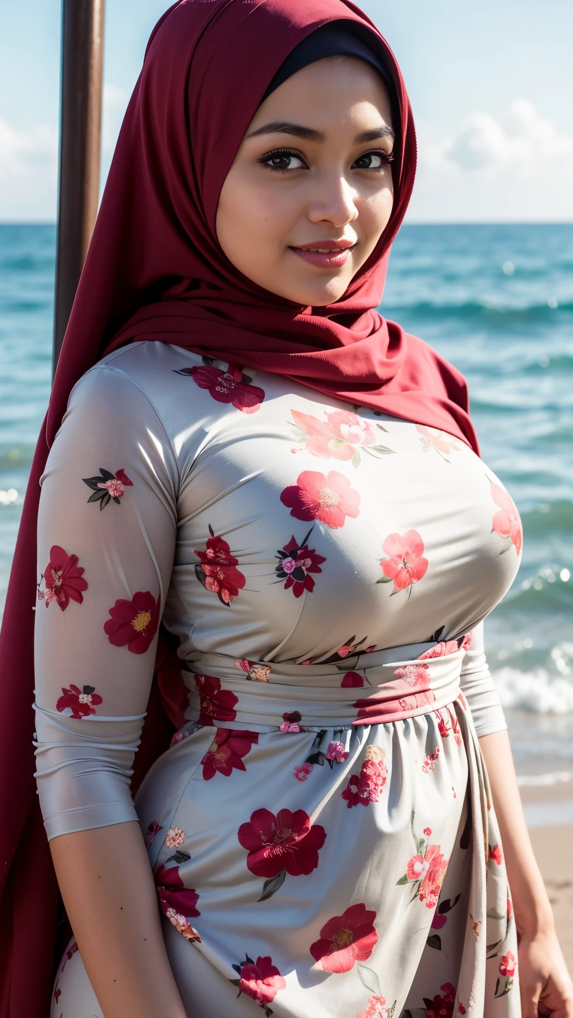 ( Close Up),RAW, Best quality, high resolution, masterpiece: 1.3), beautiful Malay woman in hijab, Masterpiece, perfect fit body, Big breasts, thick thighs, beautiful big eyes, mole under the eyes, long eyelashes, big eyes, beutifull face, Soft smile, woman in a red hijab standing on a beach, wearing red floral chiton, wearing floral chiton, flowery, flowery dress, wearing a long flowy fabric, floral clothes, colourful pastel, floral!, Soft turtleneck, Great lighting, Bright colors, Clean lines