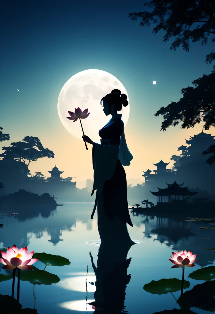 (Heroine silhouette:1.5),on the lake,high contrast, movie lighting, Enigmatic Atmosphere,,lotus flower,Lotus leaf,a moon