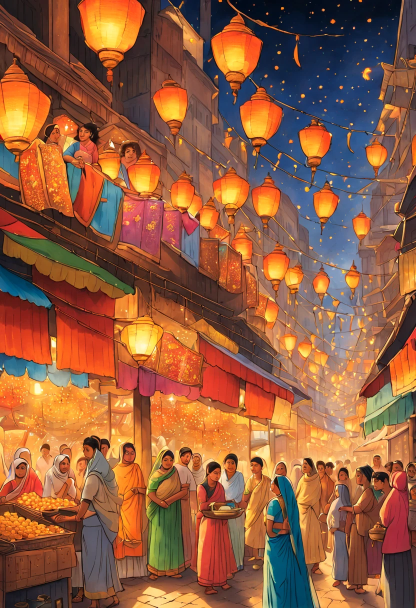 A vertical New Year's scroll painting in Indian miniature style featuring a crowded bazaar in old Delhi with vendors selling flowers and sweets for the Diwali festival. Women in colorful saris light oil lamps and hang marigold garlands as fireworks burst in the night sky.