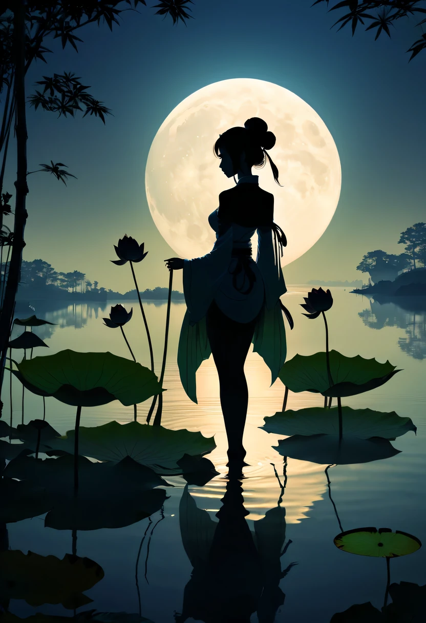 (Heroine silhouette:1.5),on  the lake，high contrast, movie lighting, Enigmatic Atmosphere,，lotus flower，Lotus leaf，a moon